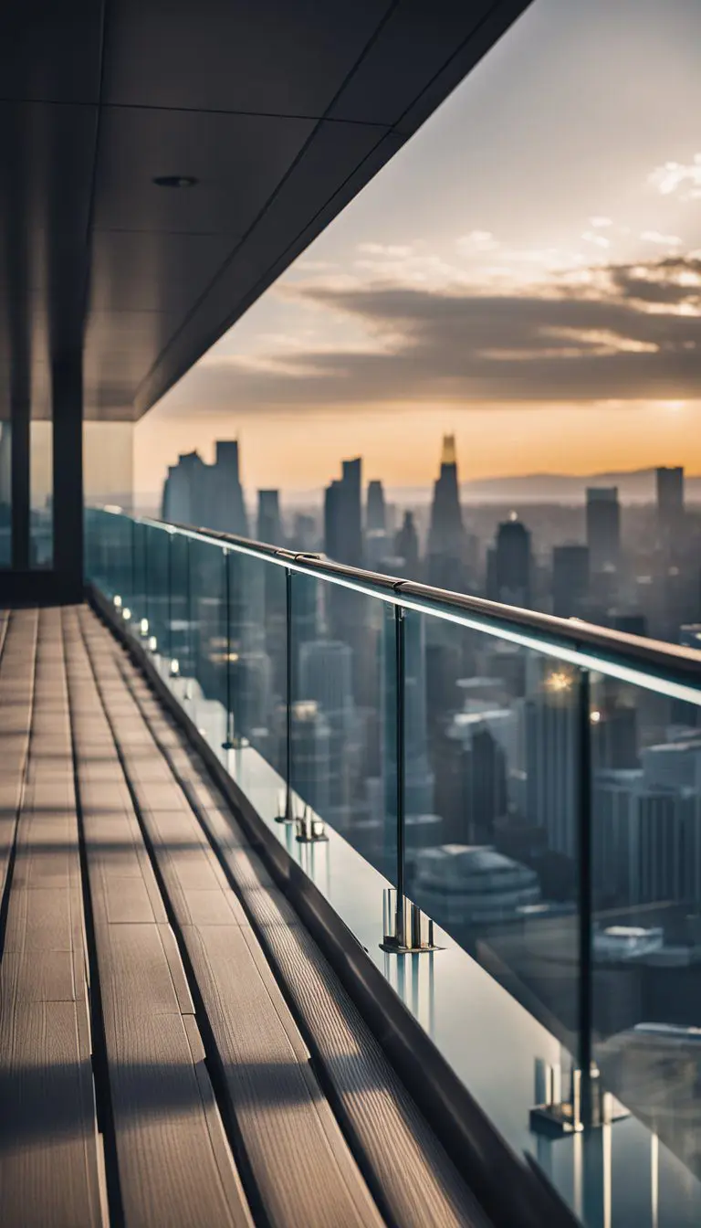 A sleek glass railing lines the edge of a modern rooftop deck, providing unobstructed views of the city skyline below