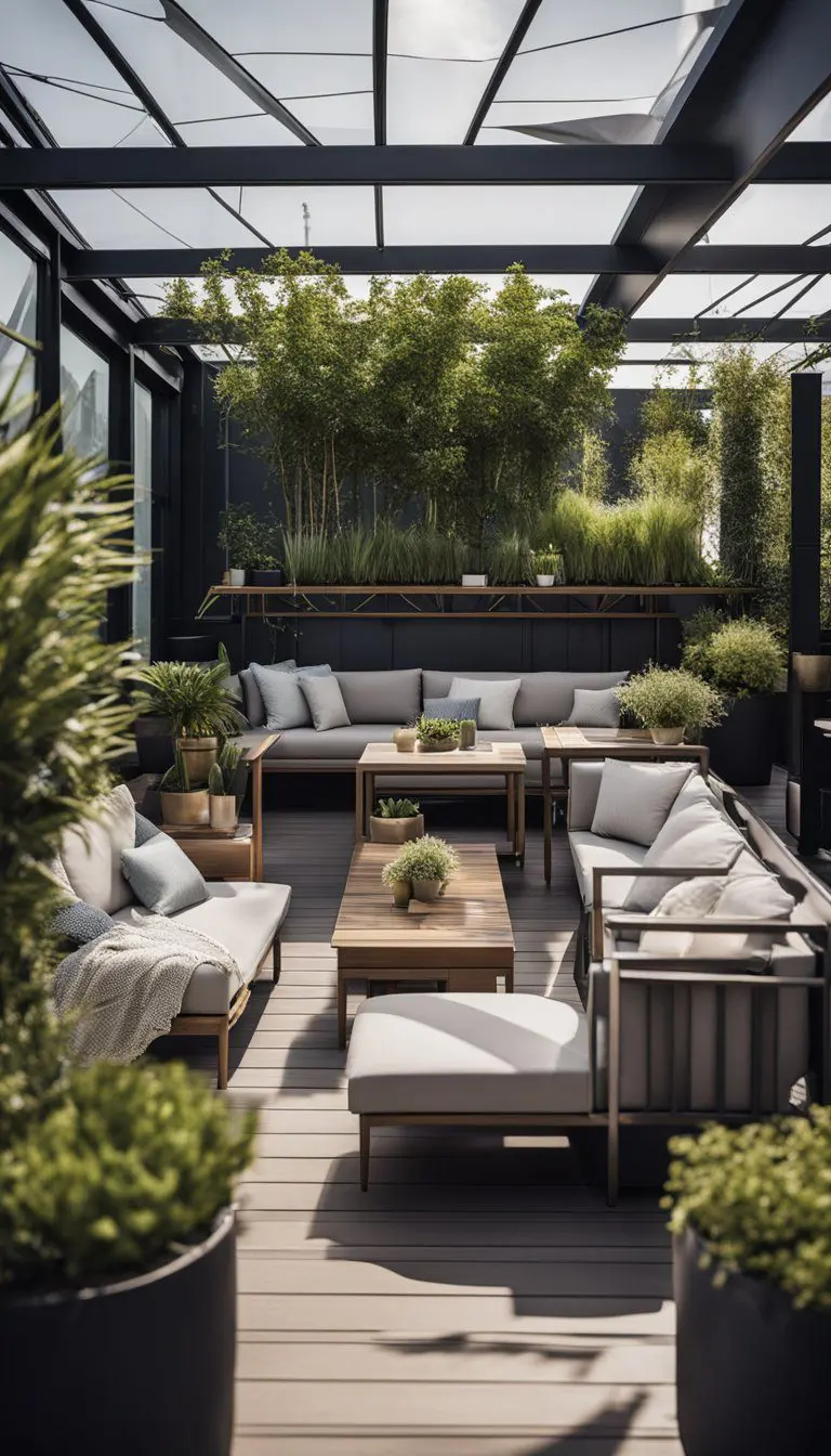 A modern rooftop deck with a retractable canopy shade, sleek furniture, and potted plants