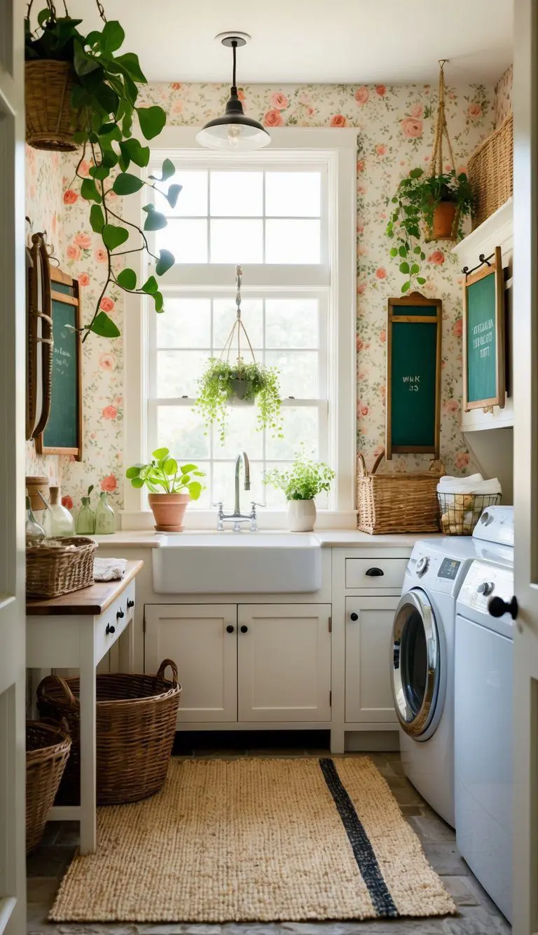 A cozy farmhouse laundry room with floral wallpaper, vintage washboards, hanging plants, and natural light streaming in through a window