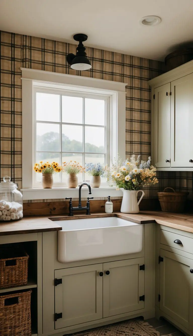 A cozy farmhouse laundry room with vintage plaid wallpaper, a rustic wooden counter, a farmhouse sink, and a bouquet of wildflowers on the windowsill