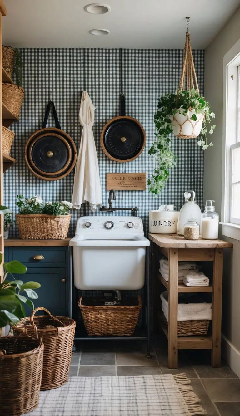A cozy farmhouse laundry room with gingham wallpaper, vintage washboards, hanging plants, and a rustic wooden table with laundry supplies