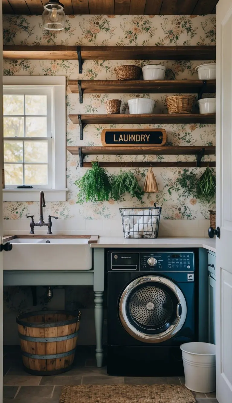 A rustic farmhouse laundry room with antique floral wallpaper, vintage washboard, hanging herbs, and wooden shelves
