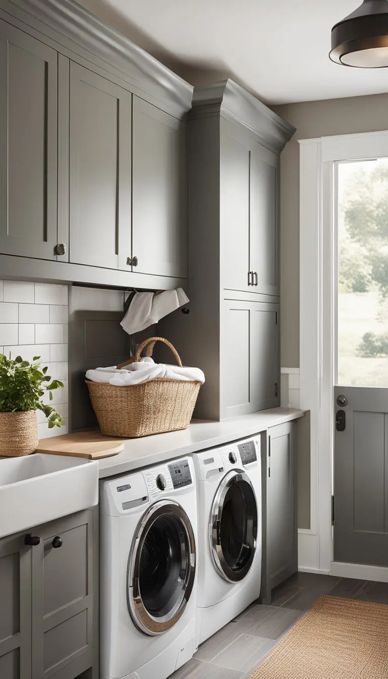 A cozy mud room and laundry room combo with built-in storage, a farmhouse sink, a hanging rack for coats, and a washer and dryer