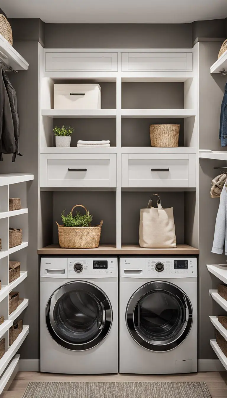 A mud room and laundry room combo with built-in storage solutions, including cubbies, shelves, and hanging racks for organization and functionality