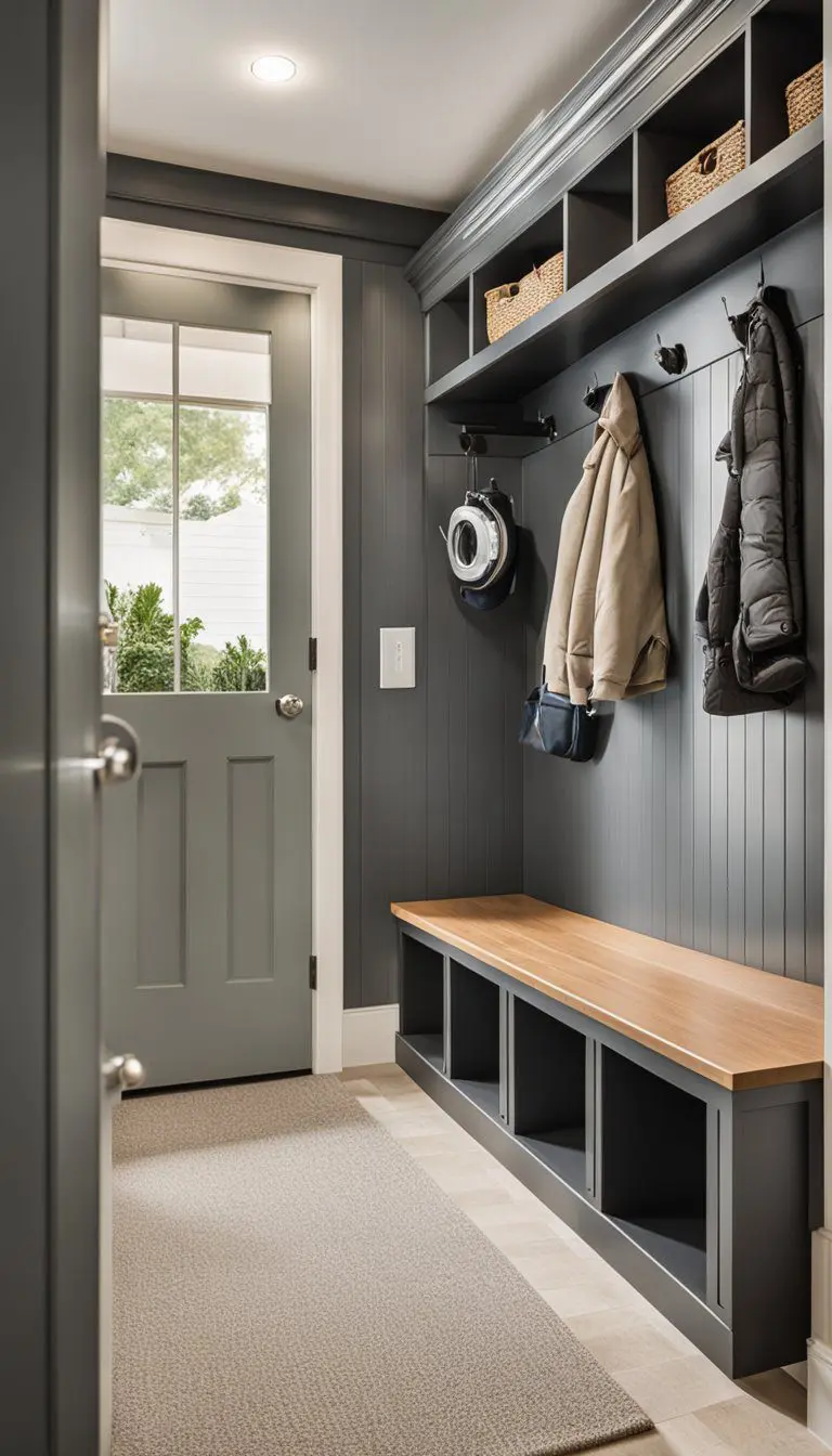 A mud room with built-in benches for seating, storage cubbies, and hooks for hanging coats and bags. A washer and dryer are tucked into a corner