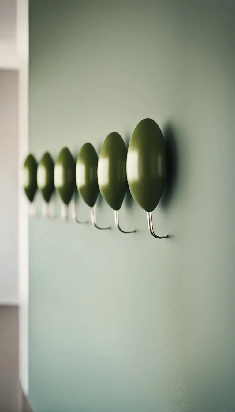 Seven olive green hooks mounted on a sleek wall in a modern entrance hall
