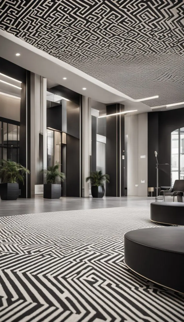 A monochrome geometric pattern rug in a modern entrance hall, with sleek furniture and minimal decor