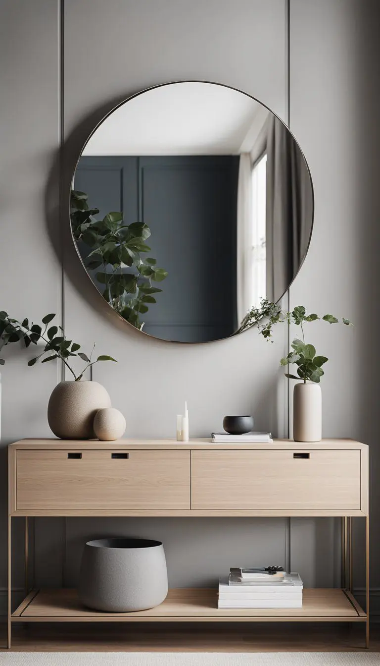 A sleek, Scandinavian minimalist console table in a modern entrance hall with clean lines and simple decor