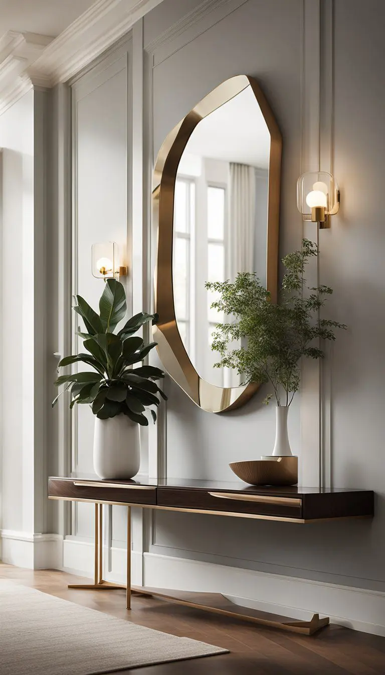 A sleek, sculptural mirror hangs above a mid-century modern console in a minimalist entrance hall. Clean lines and geometric shapes create a modern look