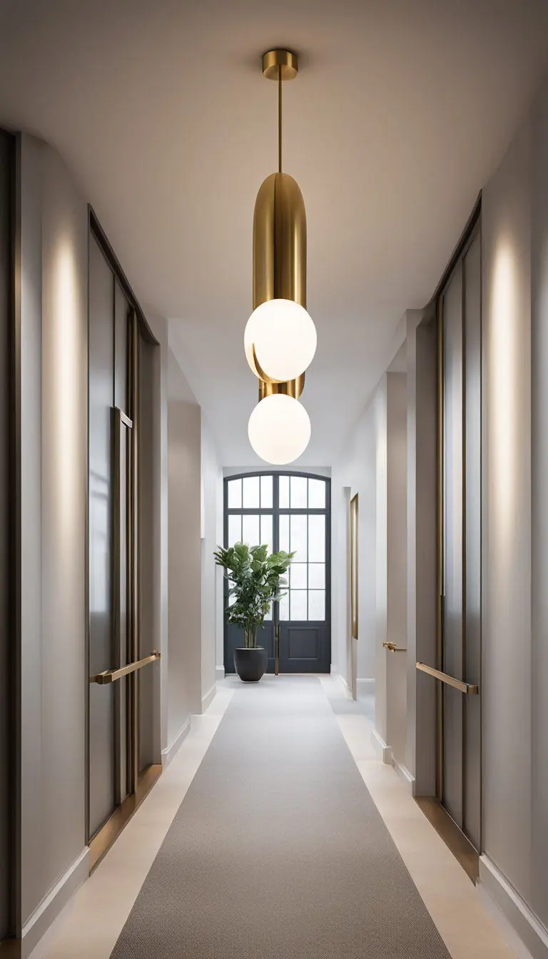 A Brushed Brass Statement Pendant Light illuminates a sleek, modern entrance hall with minimalist decor and clean lines