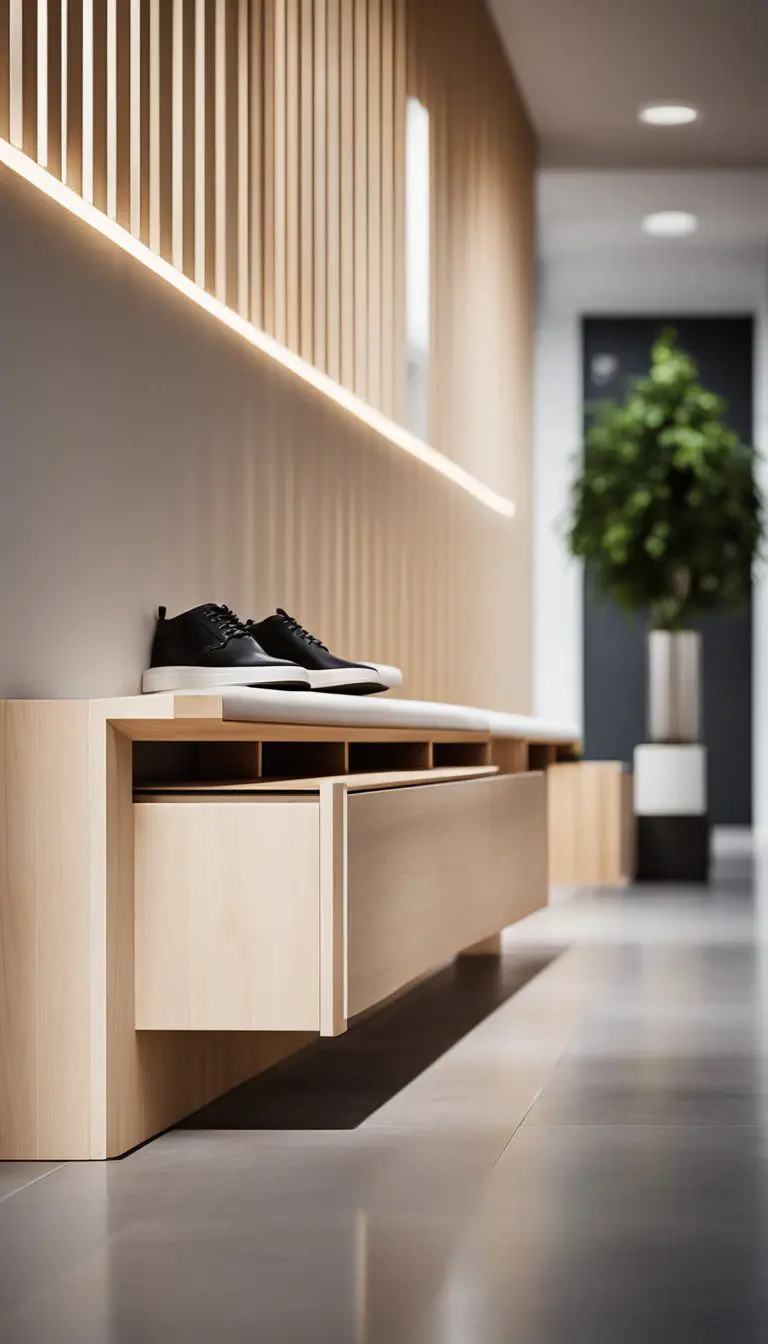 A sleek, modern natural wood bench with built-in storage sits in a minimalist entrance hall