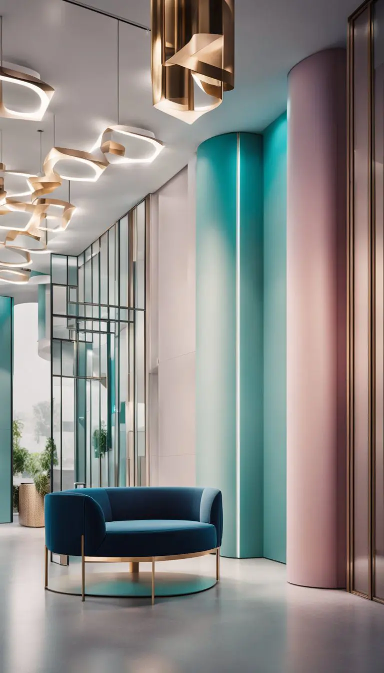 A sleek, minimalist entrance hall with geometric shapes and bold colors, accented by metallic elements and modern lighting