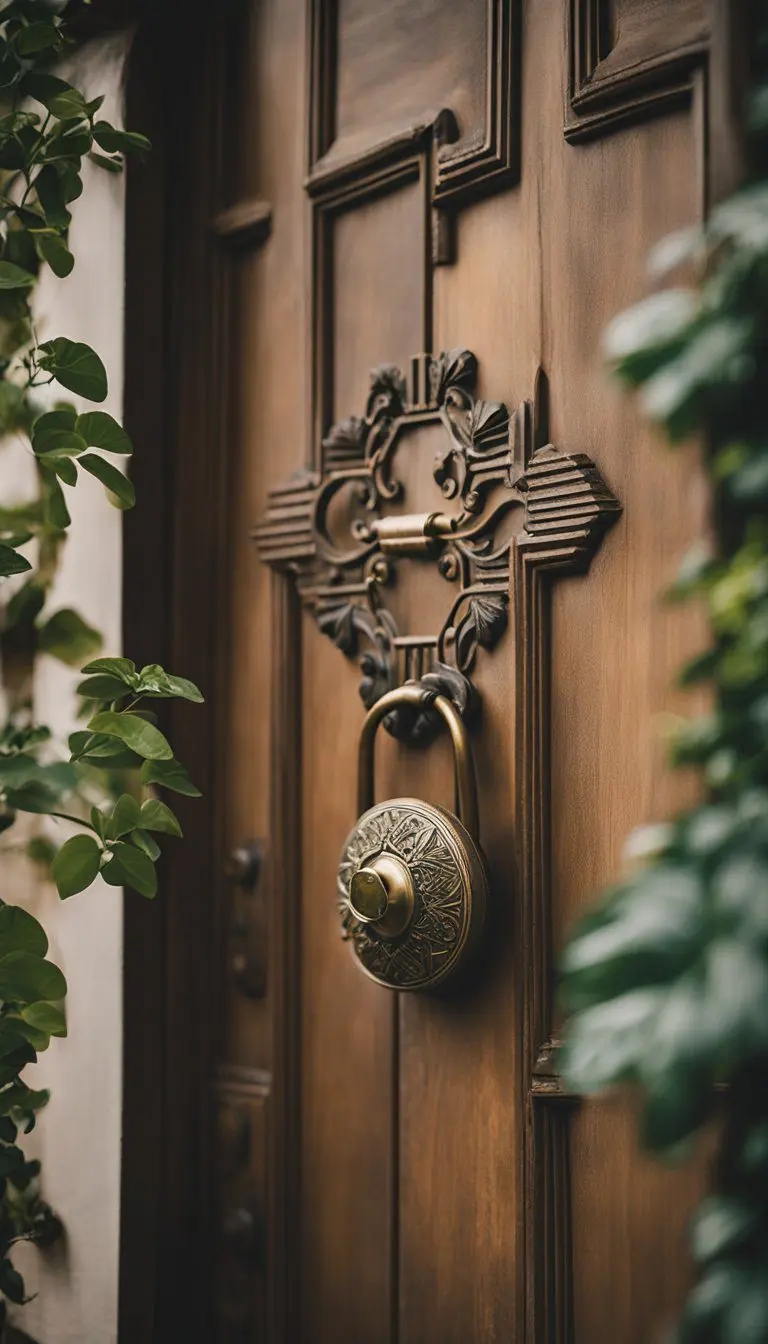 A vintage brass door knocker adorns a weathered wooden door, surrounded by potted plants and a welcome mat