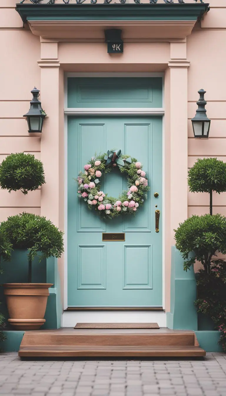 A pastel painted front door adorned with a decorative wreath, flanked by potted plants and a welcome mat