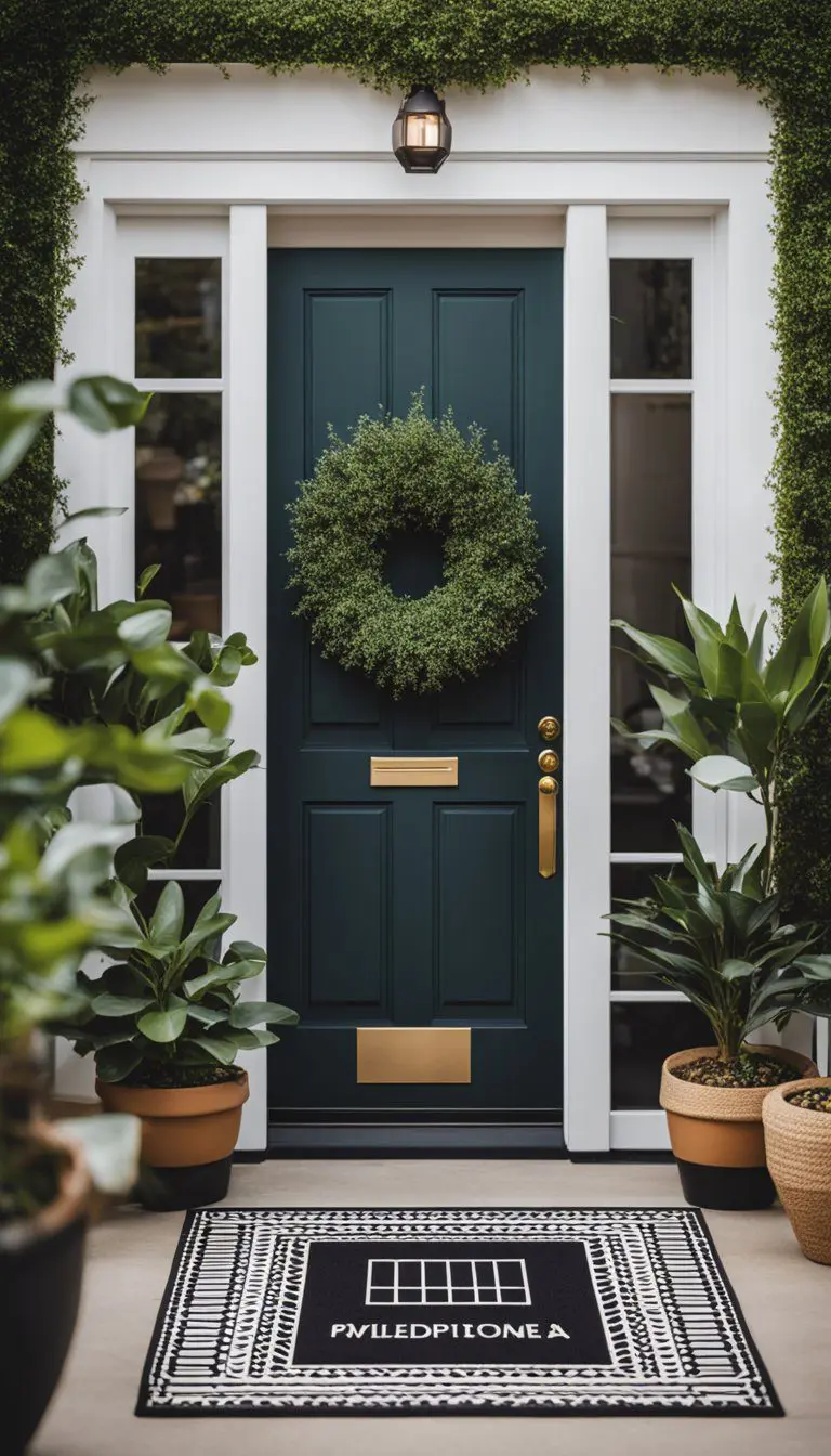 A geometric patterned doormat placed at the center of a stylish front door entryway with potted plants, a modern welcome sign, and sleek outdoor lighting