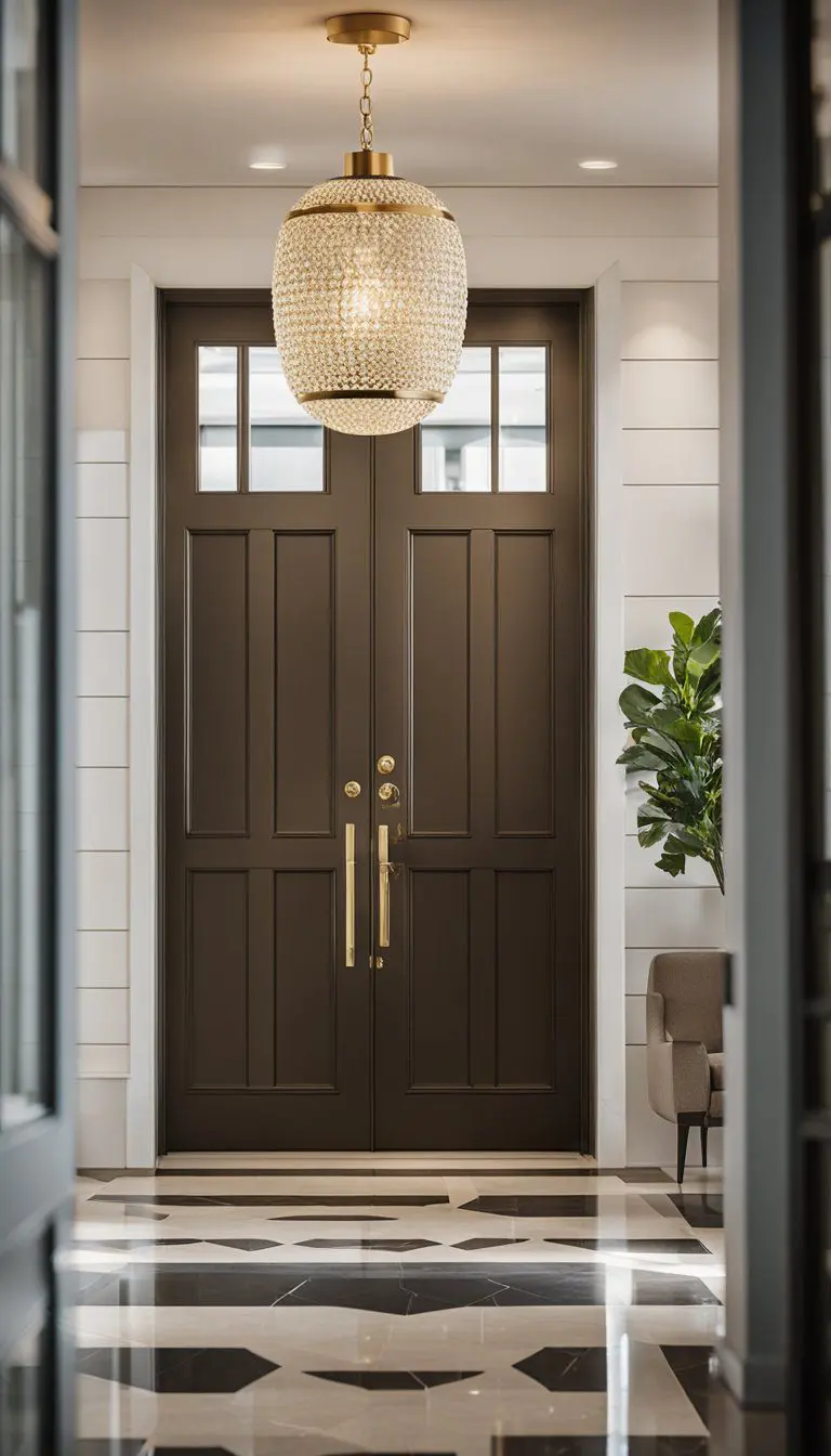 A grand statement pendant light illuminates a stylish front door entryway, with chic decor and modern furnishings creating a welcoming and elegant atmosphere