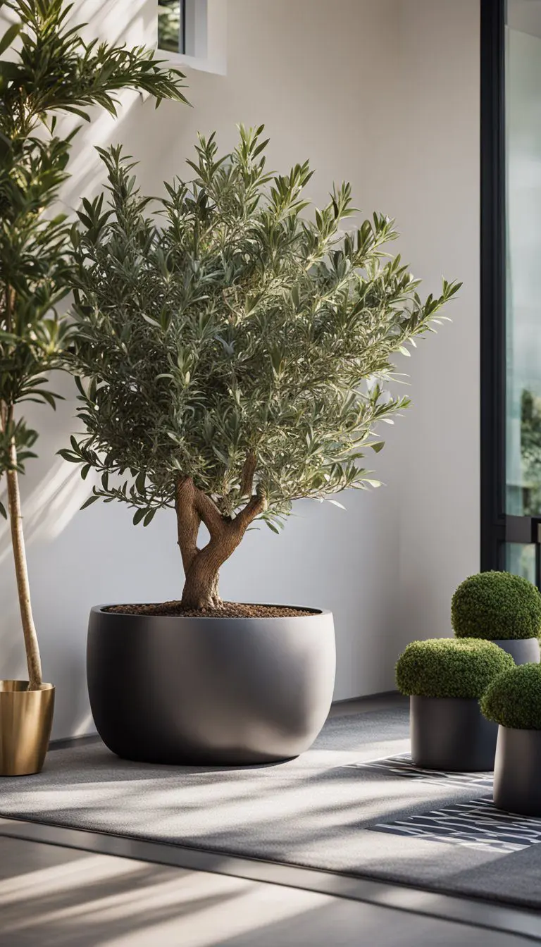 A potted olive tree sits on a modern entryway table, flanked by sleek planters and a geometric doormat
