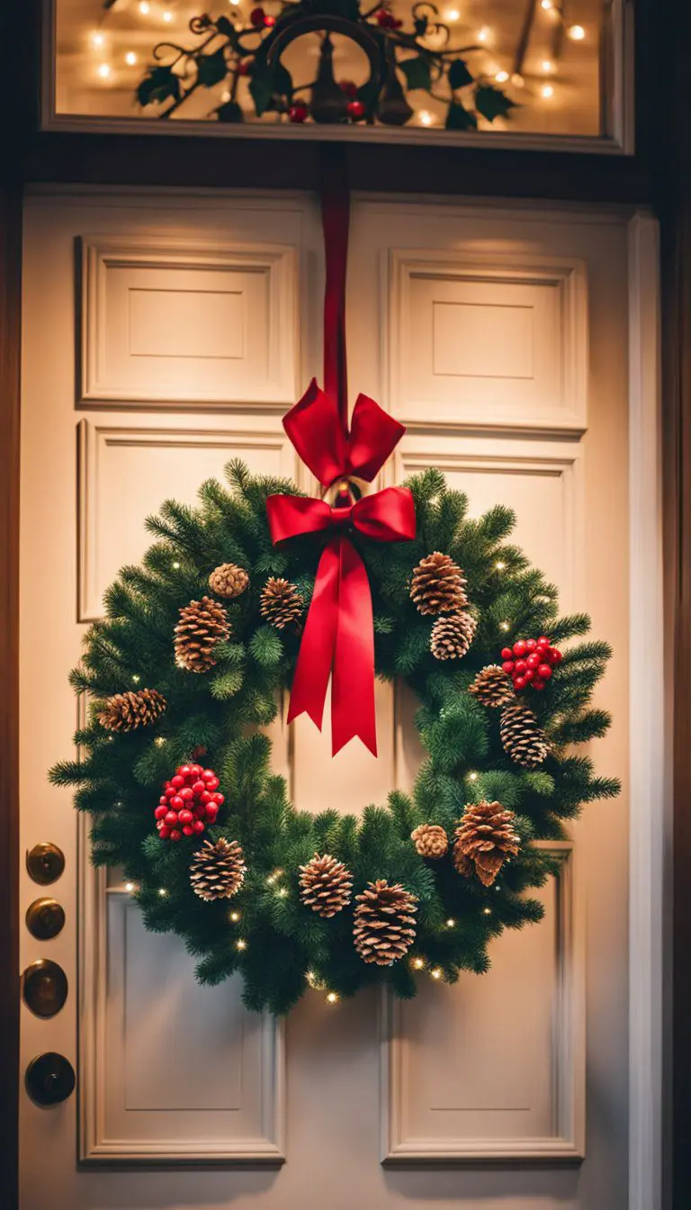 A festive wreath adorned with pinecones, berries, and ribbon hangs on a front door, surrounded by twinkling lights and potted evergreens