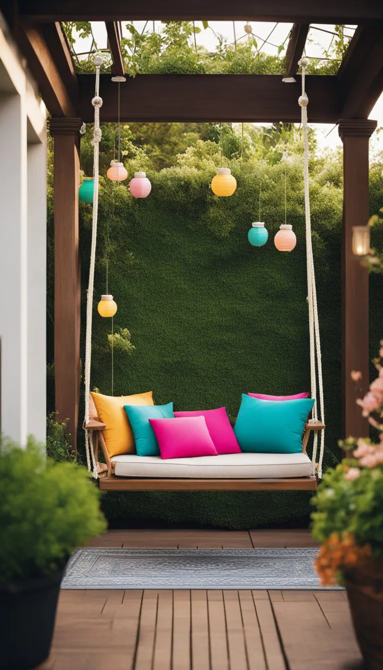 A cozy porch swing with colorful cushions, surrounded by potted plants and hanging lanterns