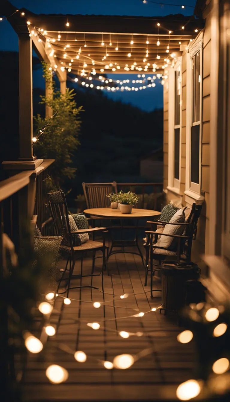 A cozy front porch adorned with string lights, creating a warm and inviting ambiance for outdoor gatherings and relaxation