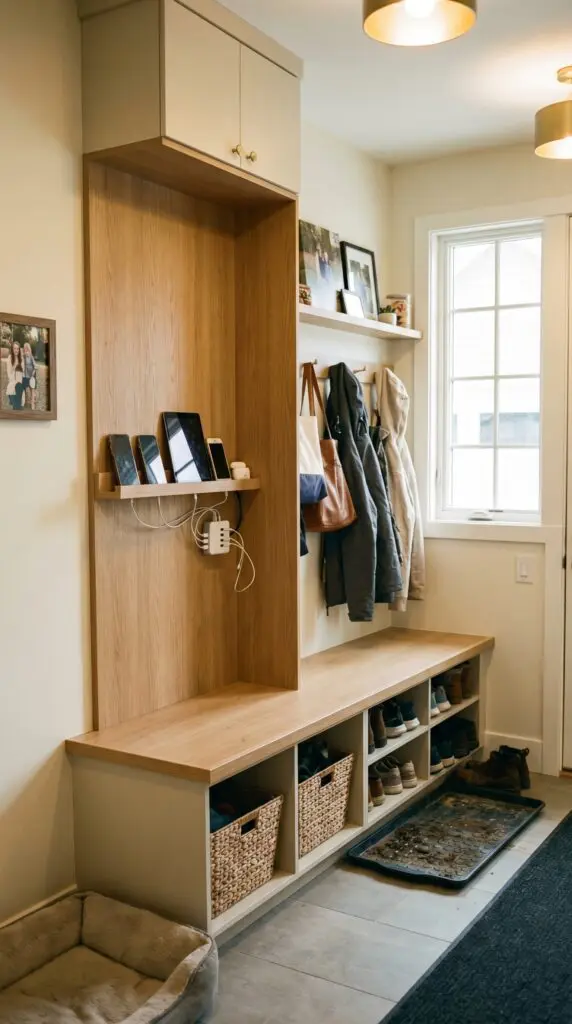 A mudroom garage entrance with a built-in charging station, small wall shelf with neatly organized phones, tablet, earbuds, and hidden charging cords, compact entryway storage, modern practical design, warm neutral palette, realistic home lighting, clutter-free but lived-in feel, functional family drop zone
