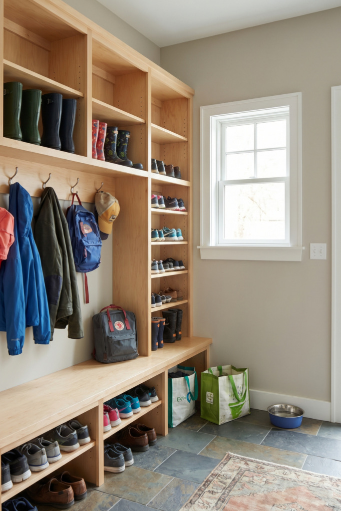 A functional mudroom garage entrance with space-saving boot storage shelves, neatly lined rain boots, sneakers, and everyday shoes, compact entryway layout, realistic family home, light wood shelves, soft neutral walls, durable flooring, natural light, clean and organized but lived-in, stylish and practical, vertical
