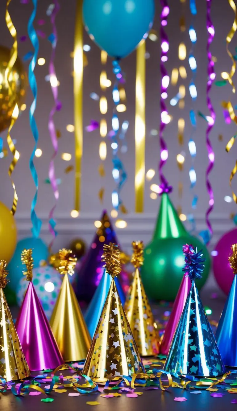 Colorful streamers, balloons, confetti, party hats, and sparkling lights adorn the room for a festive New Year's Eve celebration