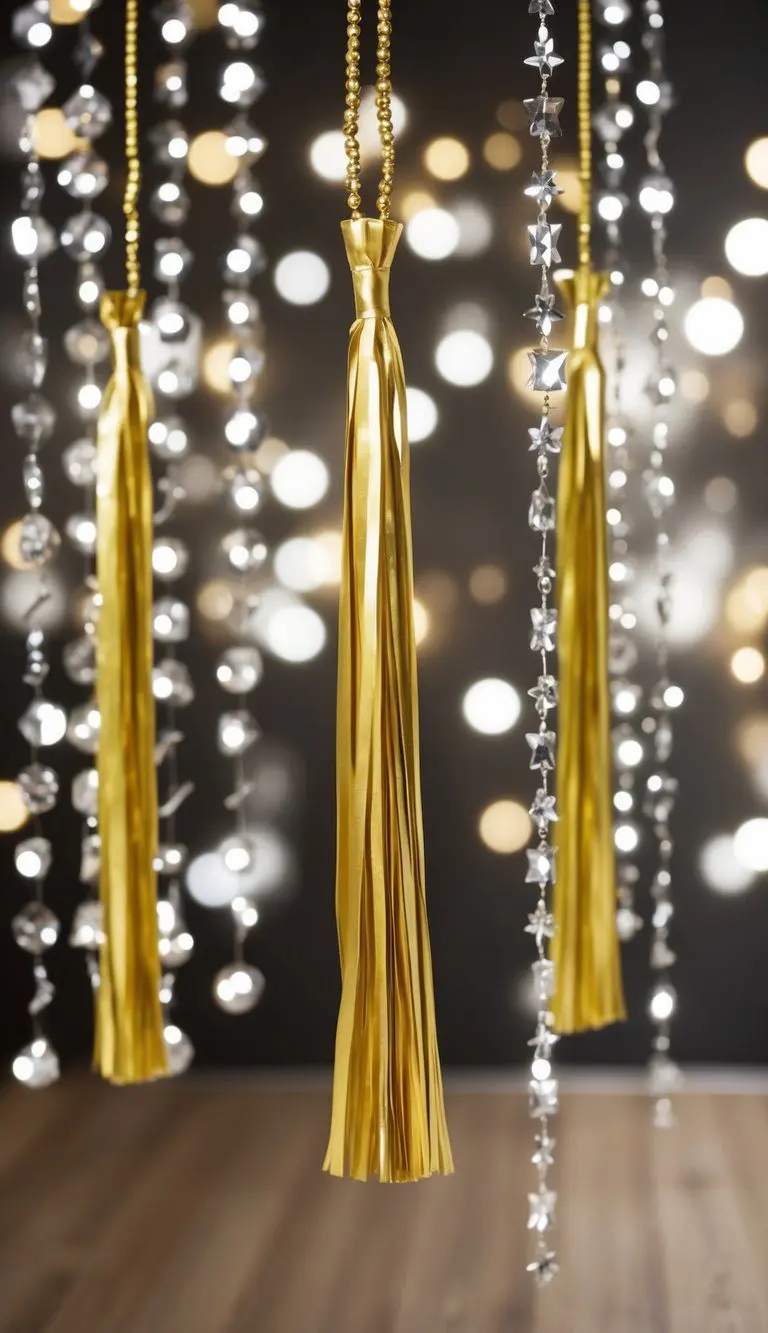 A silk tassel garland hangs among 11 sparkling New Year's Eve decorations