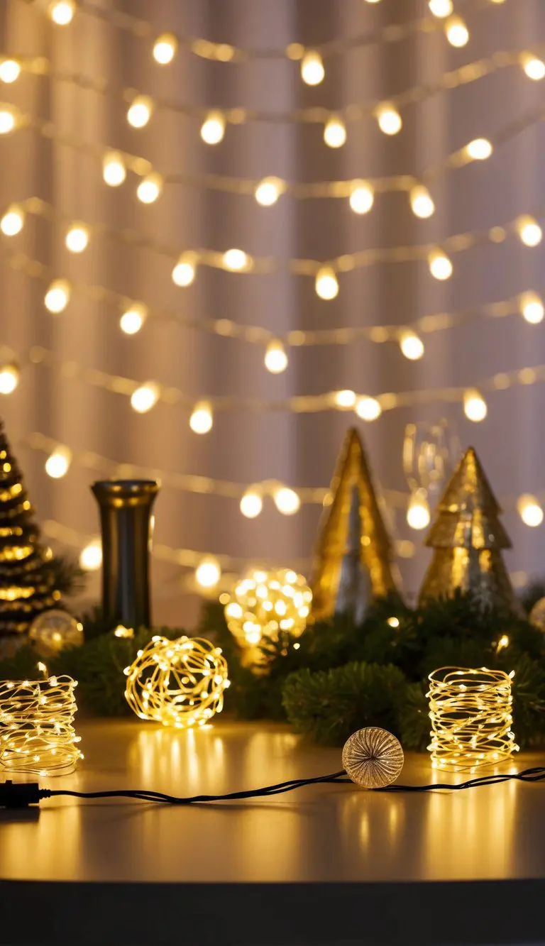 Glowing LED fairy string lights adorning a festive New Year's Eve setting with 11 unique decorations