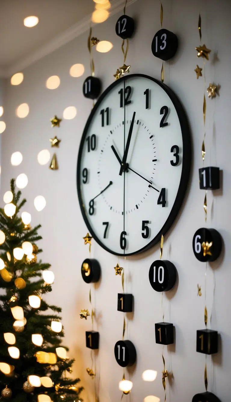 A wall adorned with 11 countdown clock decorations for New Year's Eve
