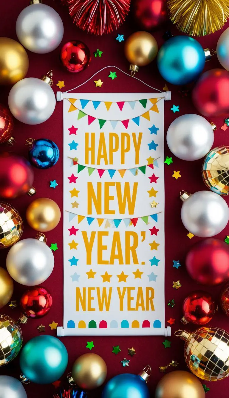 A festive New Year's banner surrounded by 11 colorful decorations