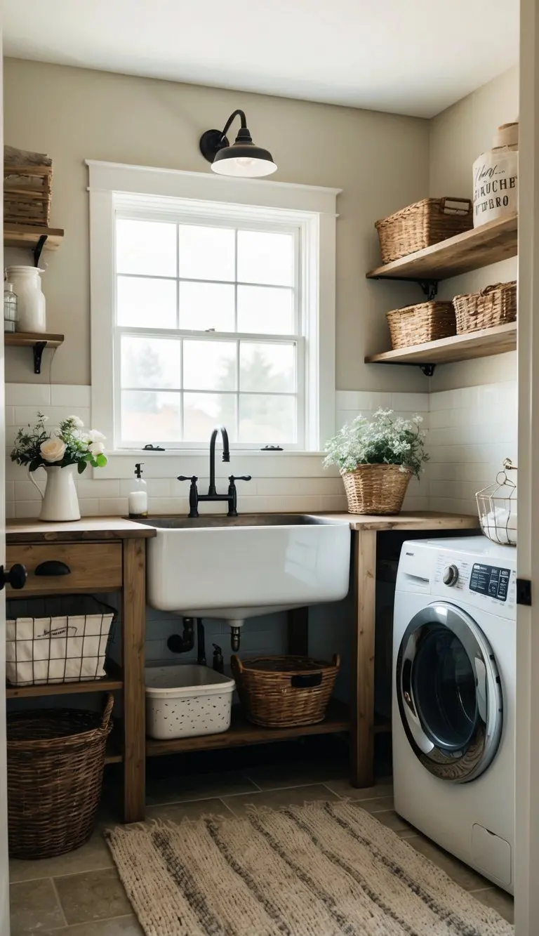 A cozy farmhouse laundry room with rustic decor, a farmhouse sink, open shelves, a vintage washing machine, and natural light streaming in through a window
