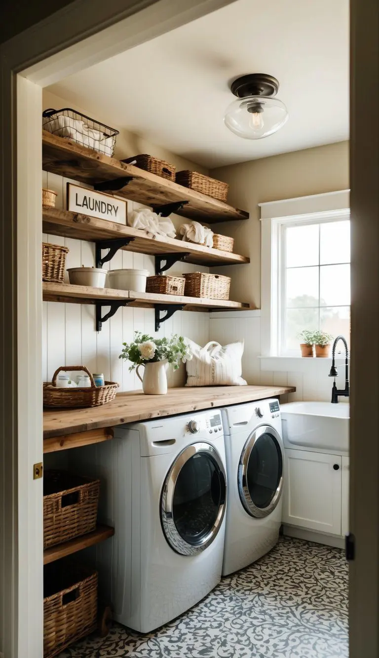A rustic laundry room with reclaimed wood shelving, vintage farmhouse decor, and natural lighting