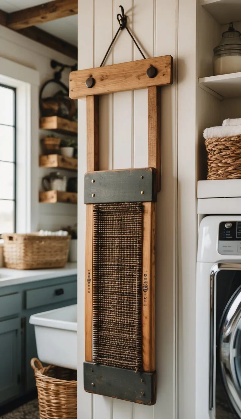 A vintage washboard hangs on a rustic wooden wall, surrounded by farmhouse decor in a cozy laundry room