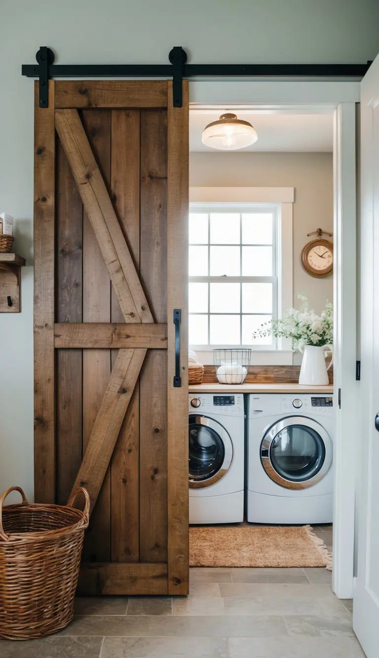 A rustic sliding barn door separates a farmhouse laundry room with vintage decor and natural lighting