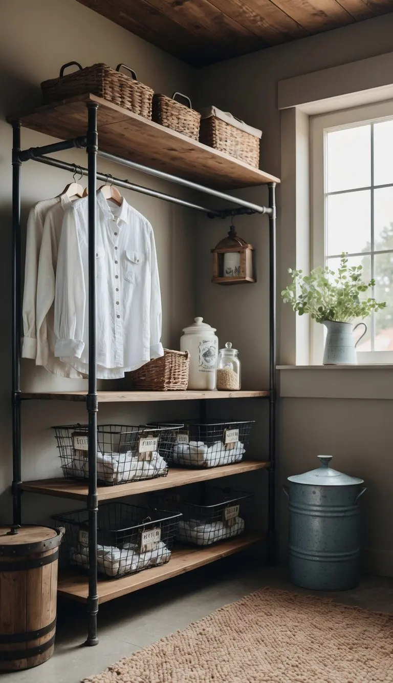 A rustic farmhouse laundry room with an iron pipe clothes rack, wooden shelves, metal baskets, and vintage decor