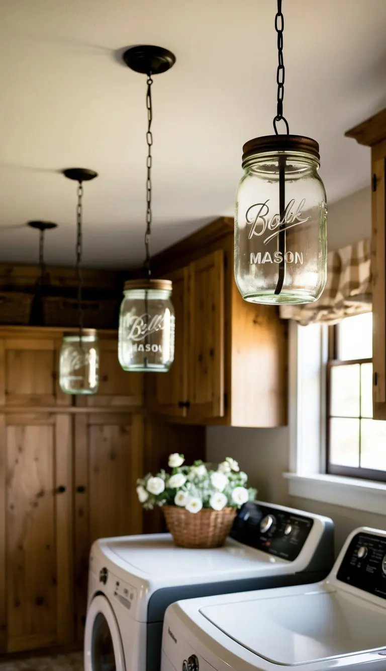 A cozy farmhouse laundry room with mason jar light fixtures hanging from the ceiling, adding a warm and rustic touch to the space