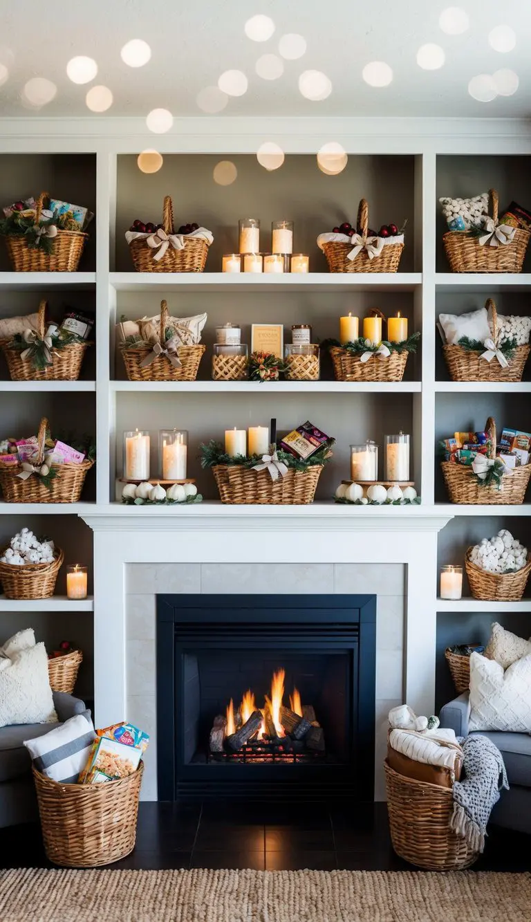 A cozy living room with a fireplace, surrounded by shelves filled with decorative baskets filled with various home warming gifts such as candles, blankets, and gourmet snacks