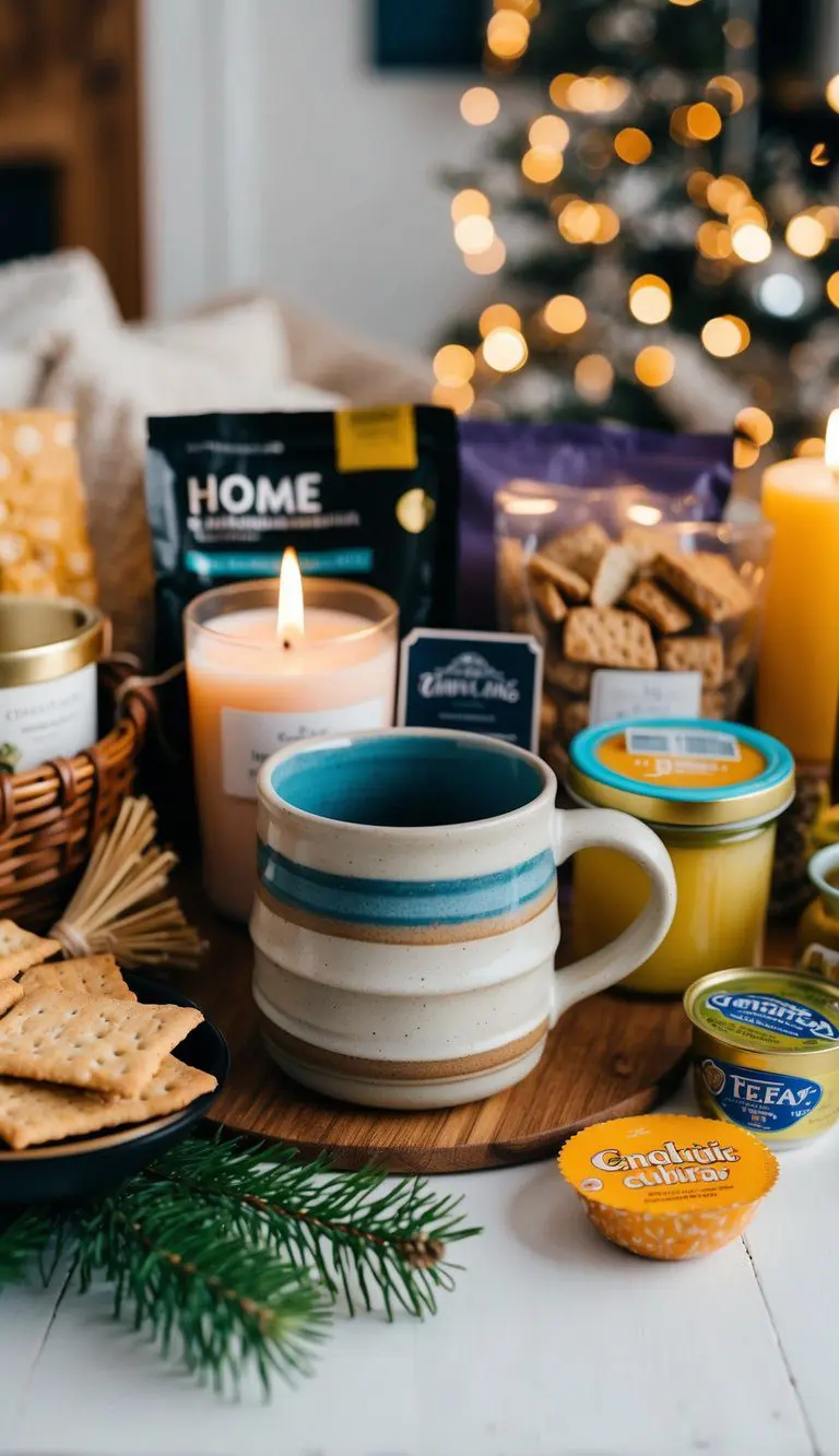 A cozy home with a handmade ceramic mug surrounded by other items for a gift basket, such as candles, tea, and snacks