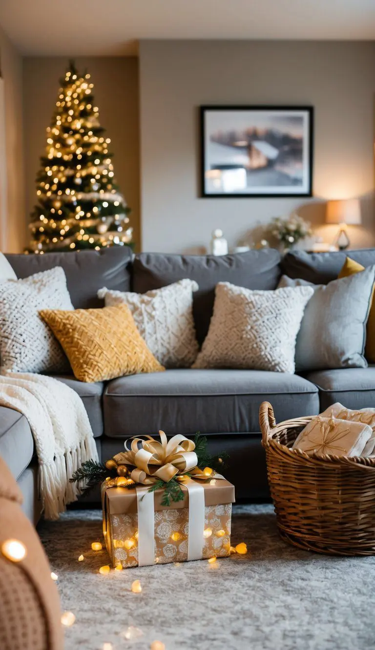A cozy living room with a plush sofa adorned with decorative throw pillows, surrounded by a warm and inviting home warming gift basket