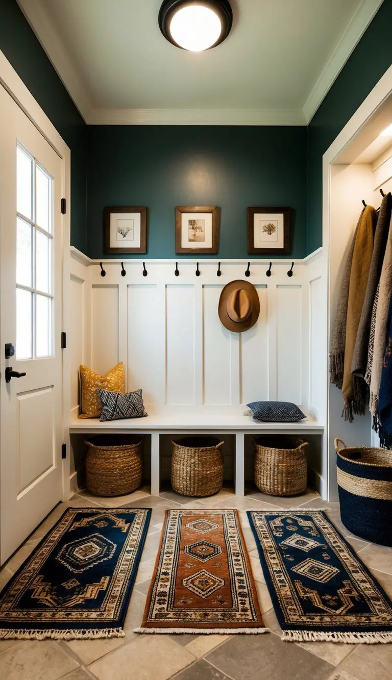 A mud room with five different rugs, each with its own unique pattern and color scheme, adding warmth and texture to the space