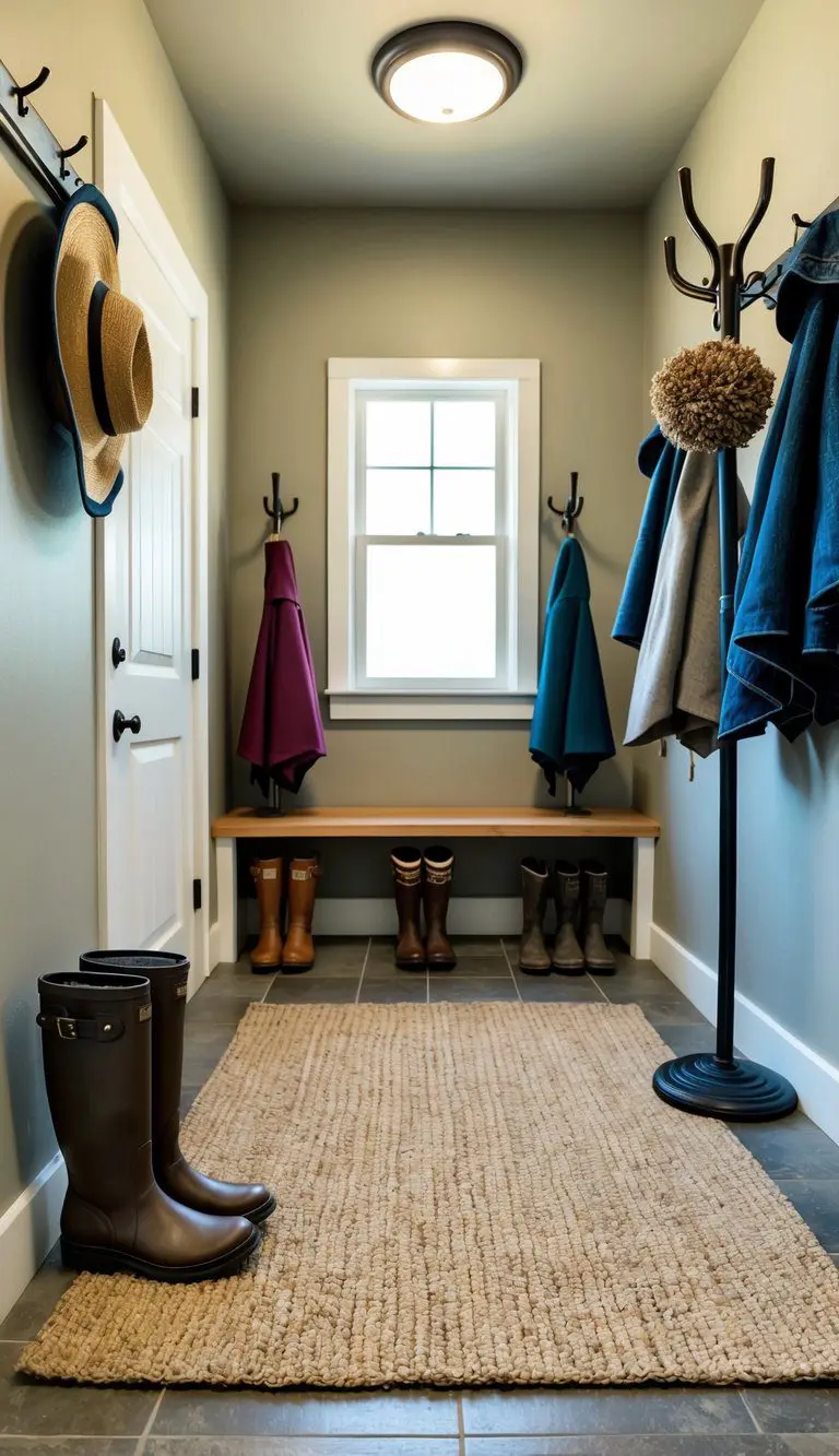 A jute area rug in a mud room with boots, umbrellas, and a coat rack