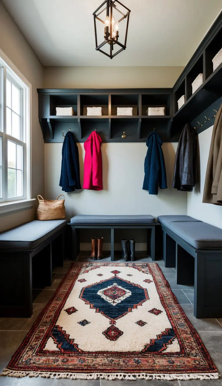 A mud room with nuLOOM Moroccan Blythe Area Rug, surrounded by storage benches, coat hooks, and shelves for organization