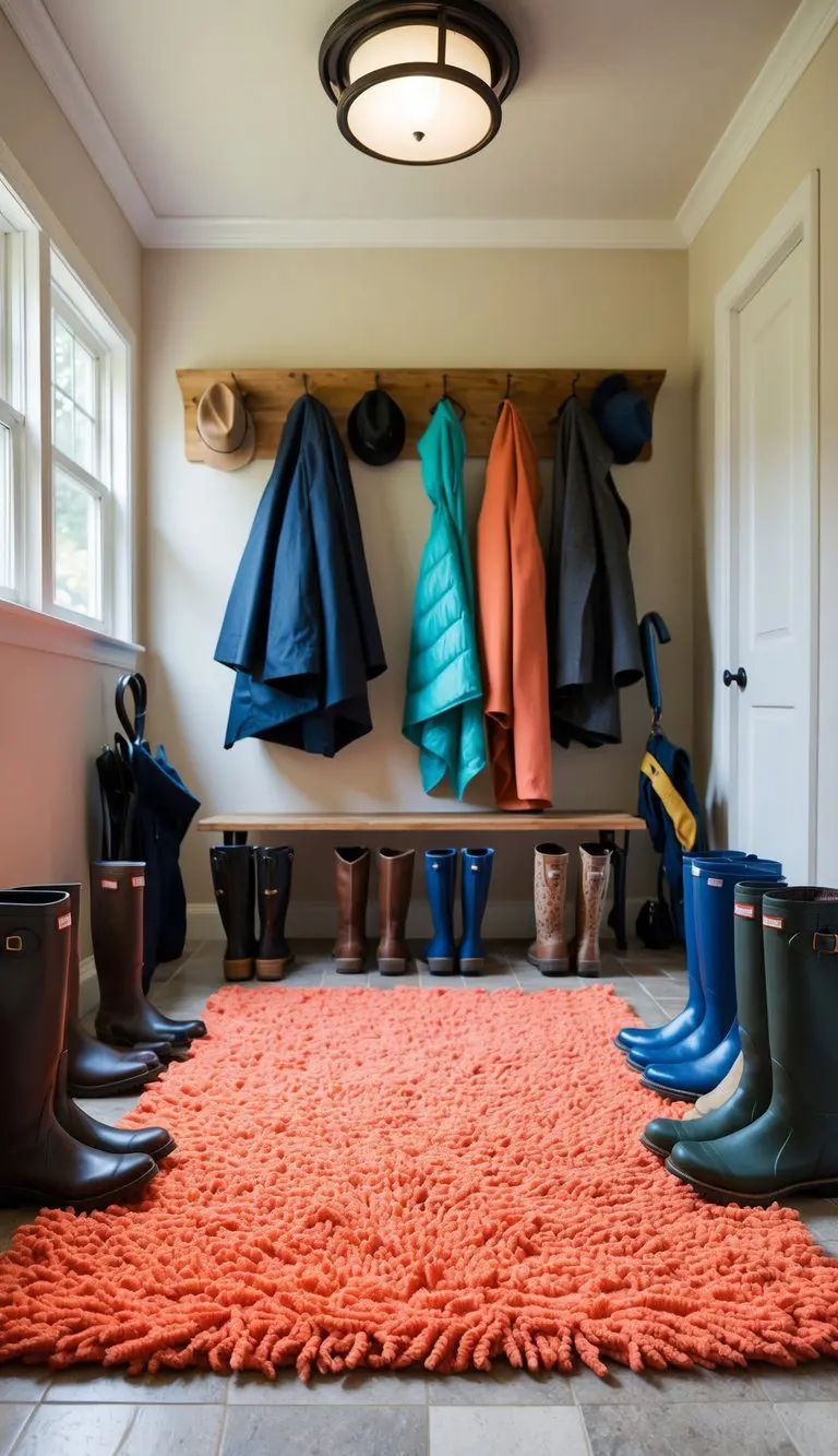 A brightly colored coral rug sits in a tidy mudroom, surrounded by boots, umbrellas, and a coat rack