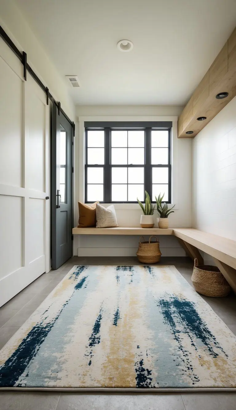 A modern abstract area rug in a mud room with clean, minimalist design and subtle color variations