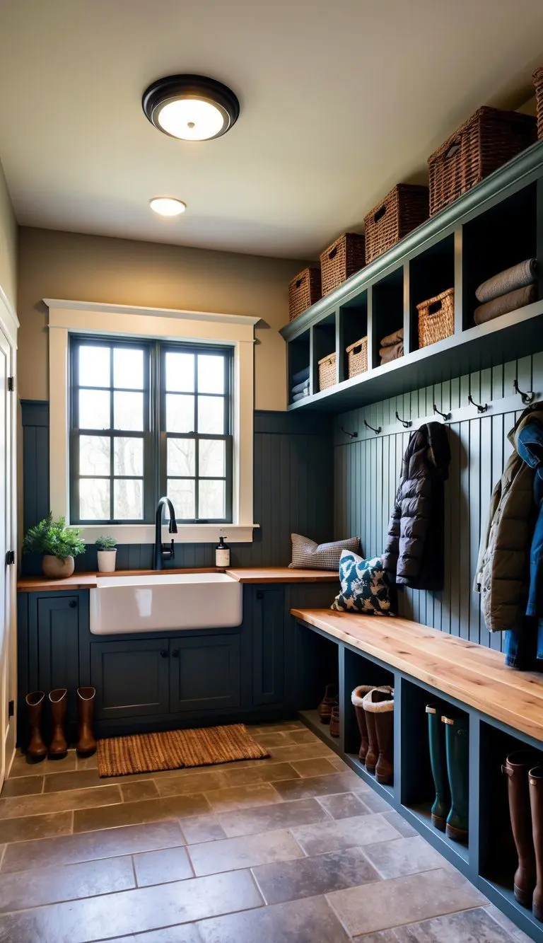 A spacious mudroom and kitchen combo with a rustic, farmhouse aesthetic. A large sink and plenty of storage space for boots and coats