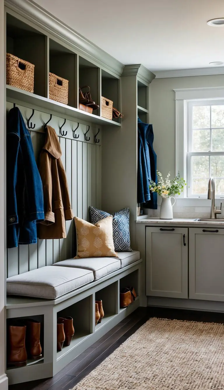 A mudroom storage bench with cushions sits next to a mudroom kitchen combo, with hooks for hanging coats and shelves for organizing shoes and accessories
