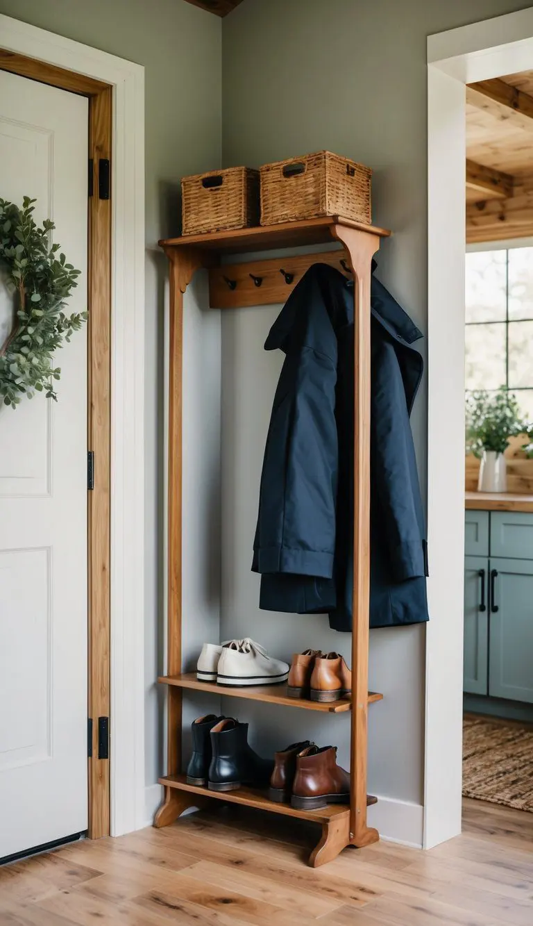 A wooden coat rack with shelves for shoes, placed in a cozy mudroom-kitchen combo with rustic decor and natural light streaming in