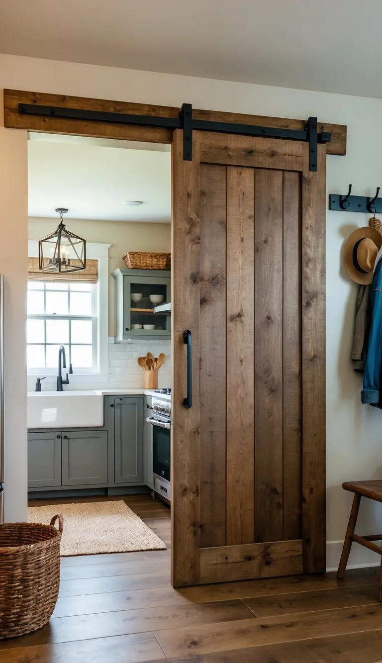 A rustic sliding barn door divides the mudroom and kitchen, creating a cozy and functional space