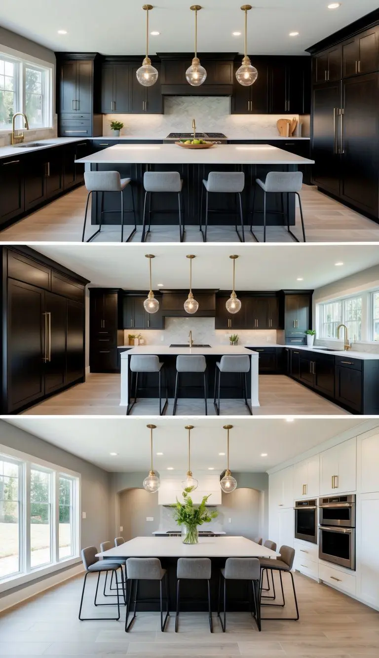 A spacious kitchen island with seating for seven, seamlessly blending into a mudroom-kitchen combo, featuring sleek and versatile design elements